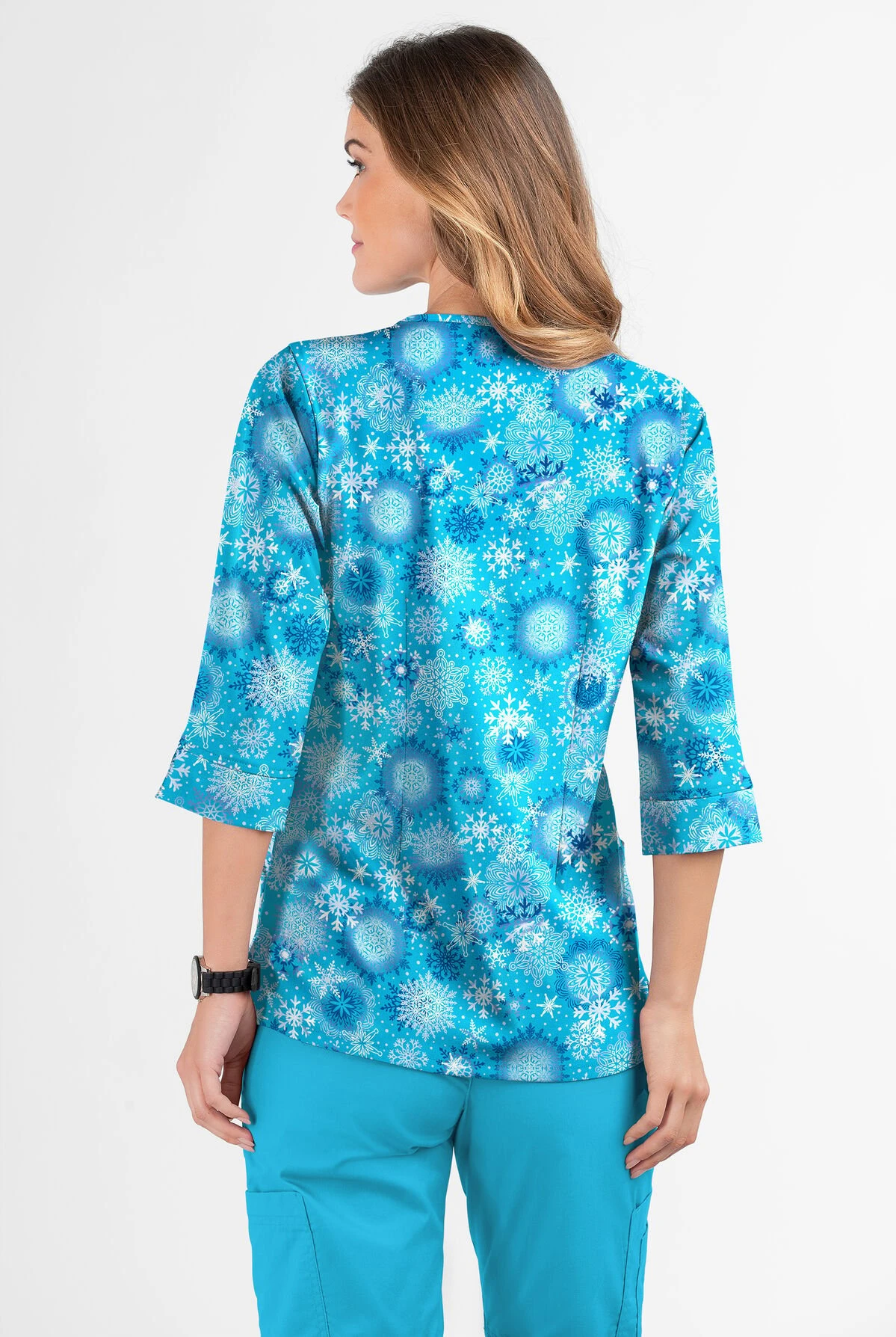 Butter-Soft Dazzling Snowflakes Turquoise Women's 2-Pocket Round Neckline Print Scrub Top - Image 3