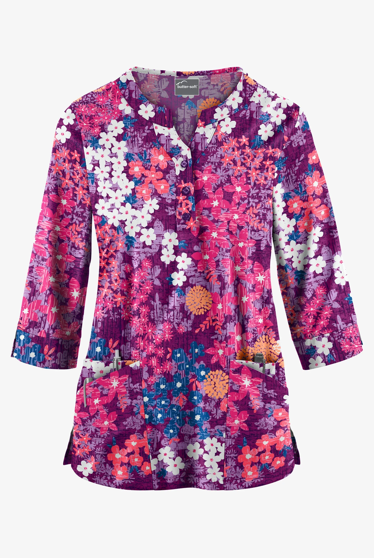 Butter-Soft Izmir Floral Berry Burst Women's 2-Pocket Round Neckline Print Scrub Top