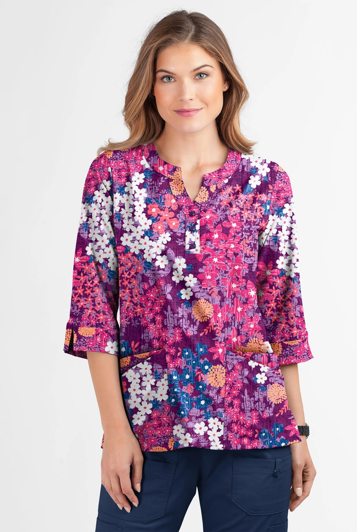 Butter-Soft Izmir Floral Berry Burst Women's 2-Pocket Round Neckline Print Scrub Top - Image 2