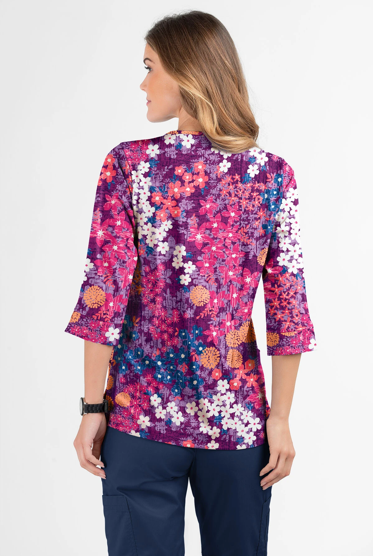 Butter-Soft Izmir Floral Berry Burst Women's 2-Pocket Round Neckline Print Scrub Top - Image 3