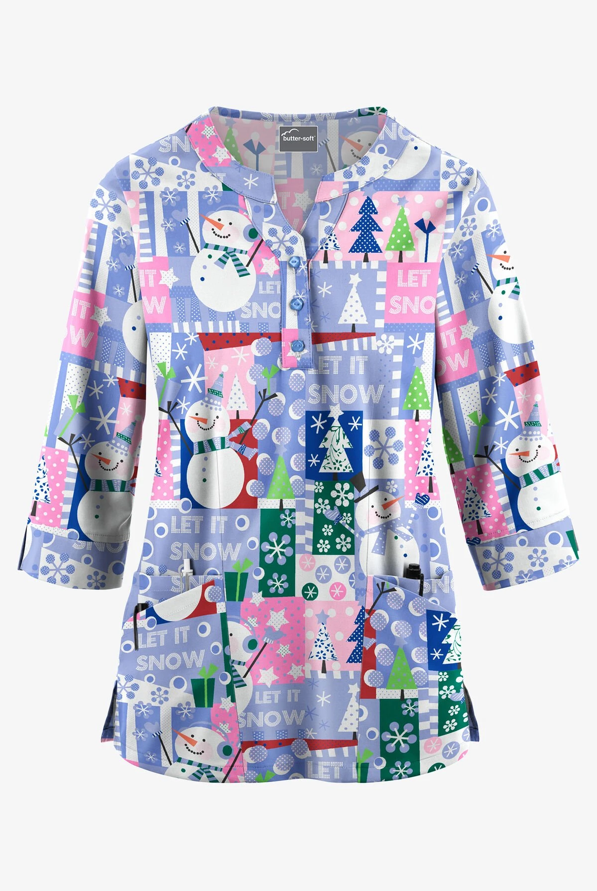 Butter-Soft Joyful Snowman Women's 2-Pocket Round Neckline Print Scrub Top