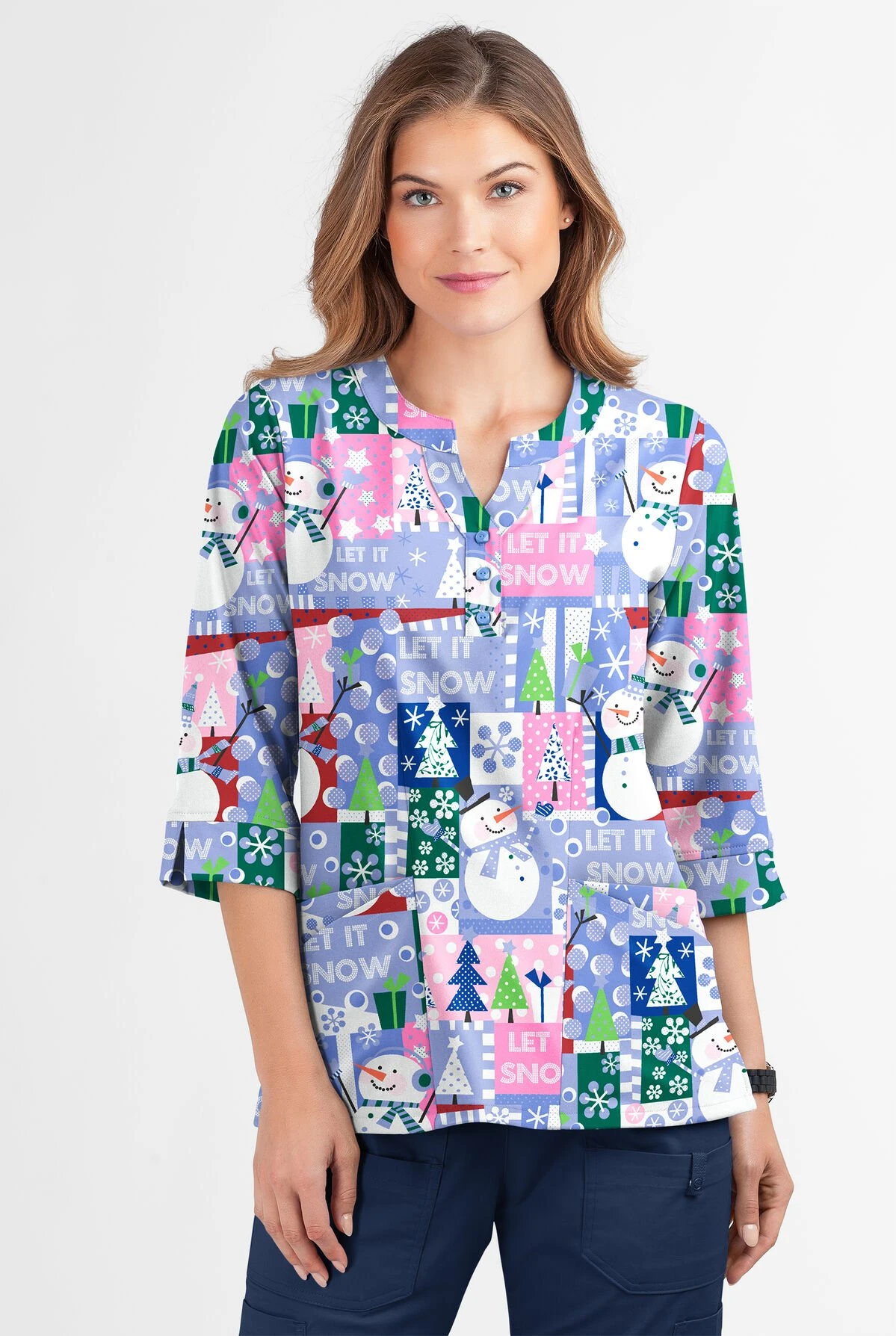 Butter-Soft Joyful Snowman Women's 2-Pocket Round Neckline Print Scrub Top - Image 2