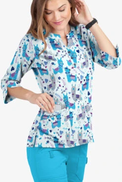 Butter-Soft Llama Party Cloud Blue Women's 4-Pocket 3/4th Sleeve Print Scrub Top