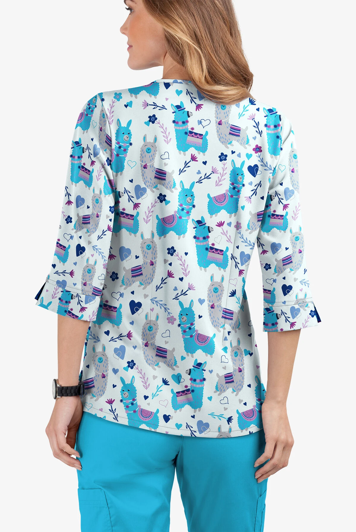 Butter-Soft Llama Party Cloud Blue Women's 4-Pocket 3/4th Sleeve Print Scrub Top - Image 2