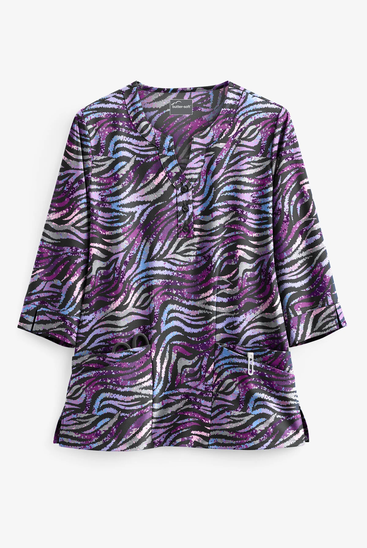 Butter-Soft Watercolor Zebra Black Printed Women's 4-Pocket 3/4th Sleeve Scrub Top