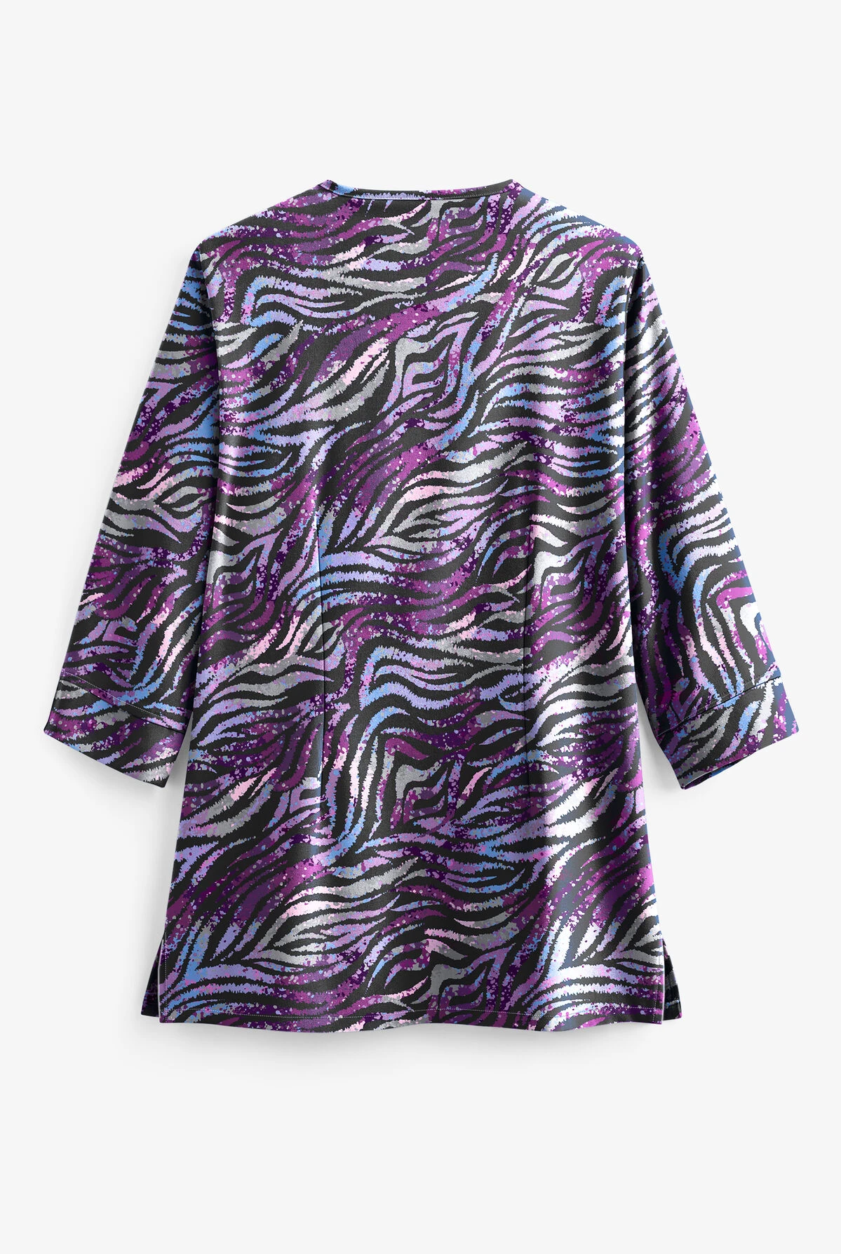 Butter-Soft Watercolor Zebra Black Printed Women's 4-Pocket 3/4th Sleeve Scrub Top - Image 2