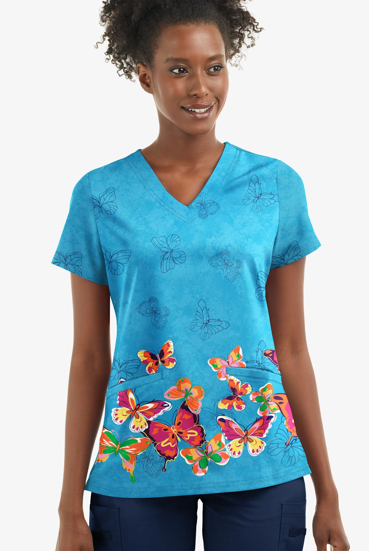UA Butter-Soft STRETCH Butterfly Border Turquoise Women's 2- Pocket V-Neck Printed Scrub Top