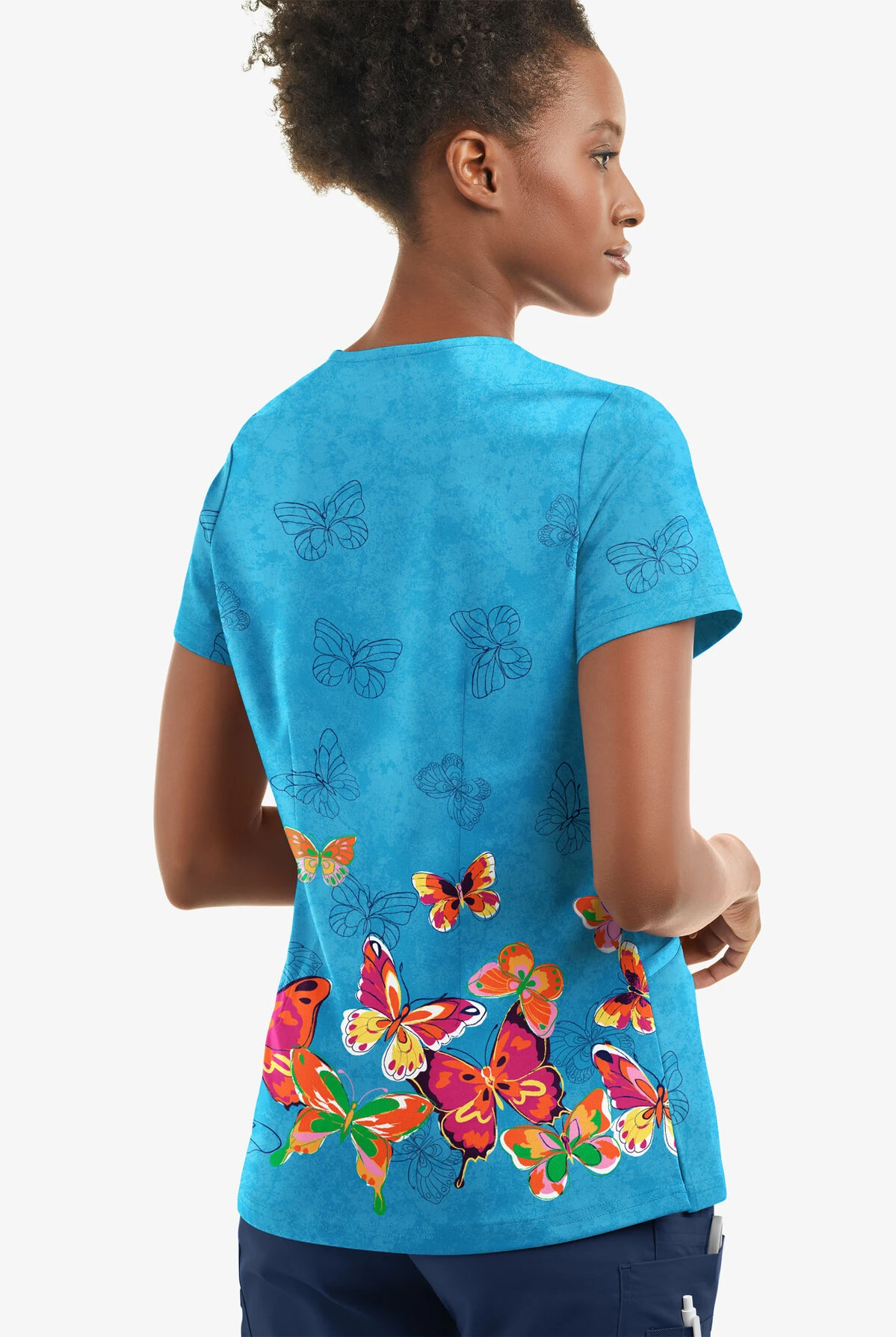 UA Butter-Soft STRETCH Butterfly Border Turquoise Women's 2- Pocket V-Neck Printed Scrub Top - Image 2