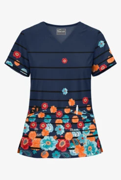 Butter-Soft Dresden Daisies Navy Women's 2-Pocket With Angled Welt V-Neck Print Scrub Top