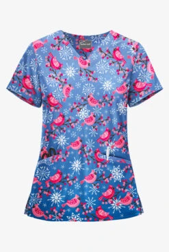 Butter-Soft Winter Finches Royal Women's 2-Pocket With Angled Welt V-Neck Print Scrub Top