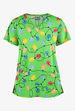 Butter-Soft Fairy Lights Grass Green Women's 4-Pocket Rounded V-Neck Printed Scrub Top