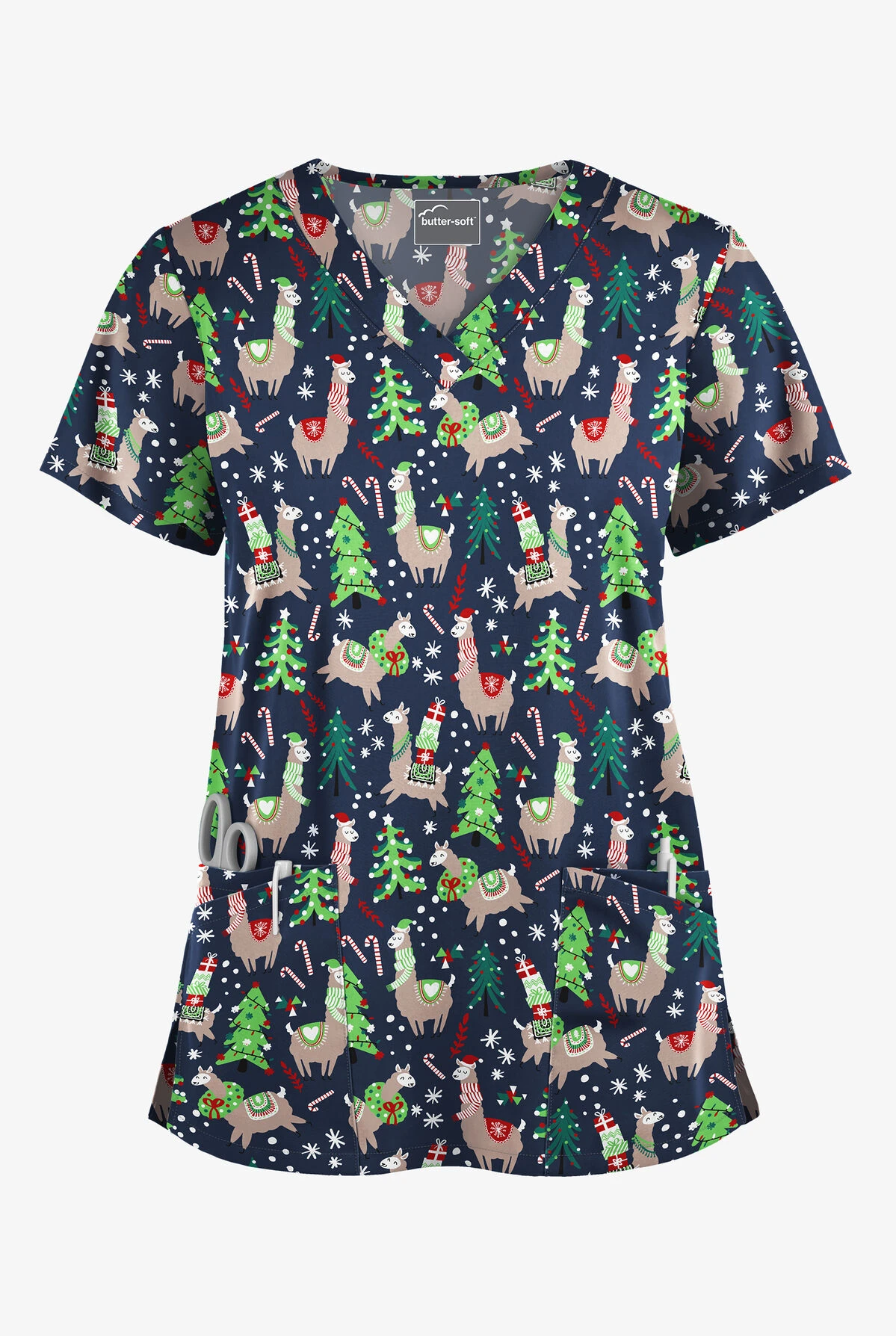 Butter-Soft Holiday Llamas Navy Women's 4-Pocket Rounded V-Neck Print Scrub Top