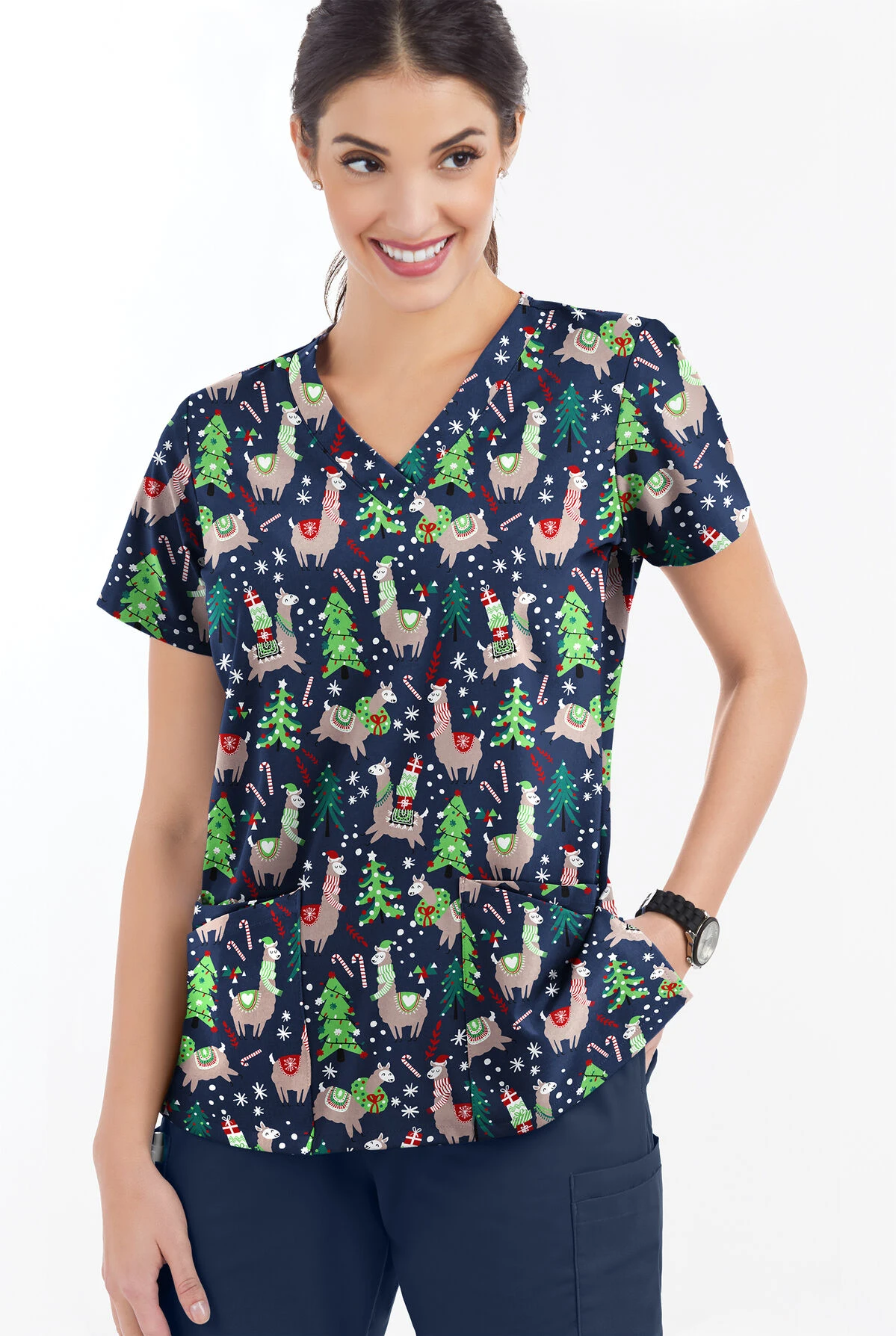 Butter-Soft Holiday Llamas Navy Women's 4-Pocket Rounded V-Neck Print Scrub Top - Image 2