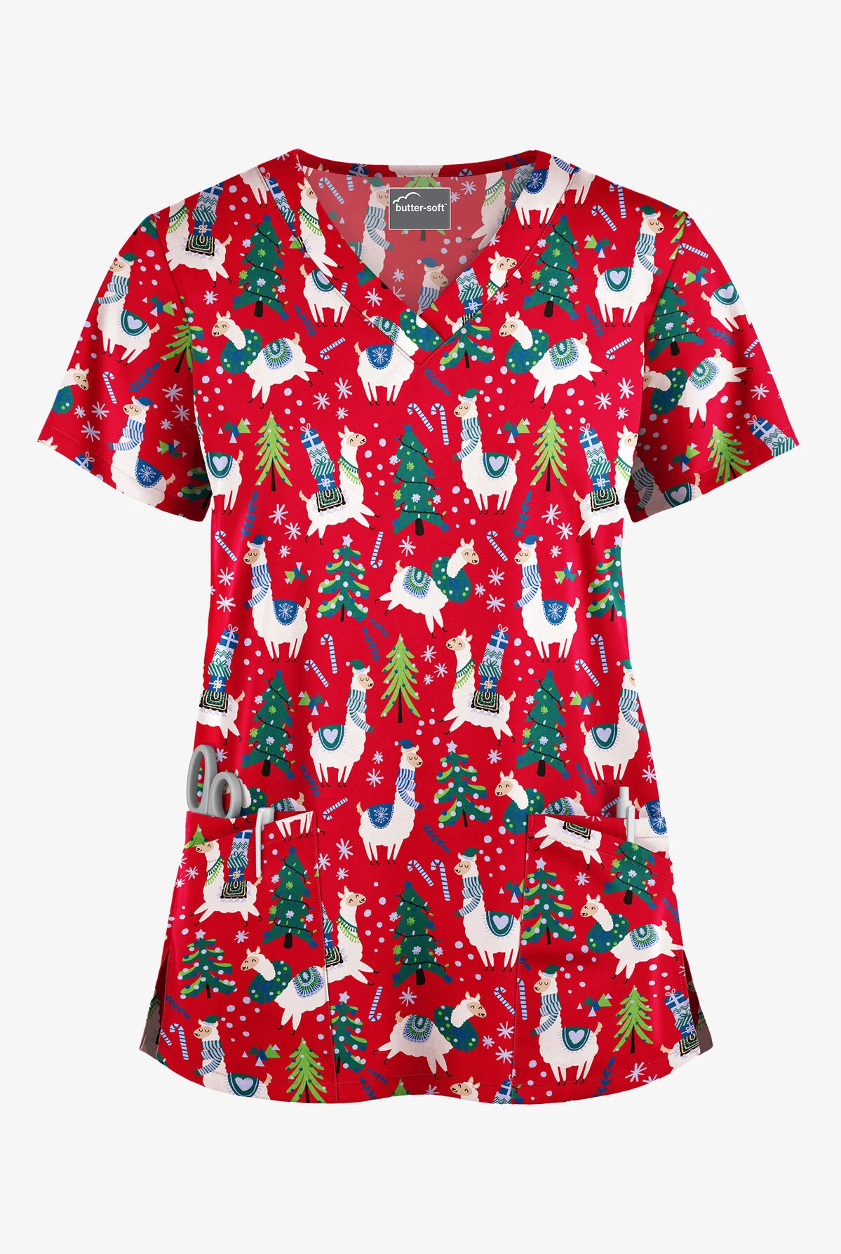 Butter-Soft Holiday Llamas Red Women's 4-Pocket Rounded V-Neck Print Scrub Top
