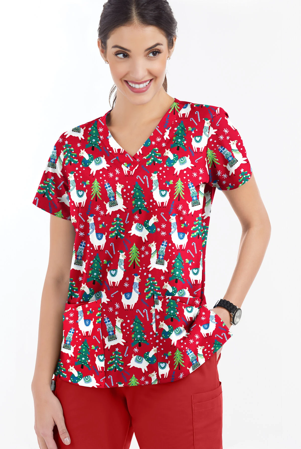 Butter-Soft Holiday Llamas Red Women's 4-Pocket Rounded V-Neck Print Scrub Top - Image 2