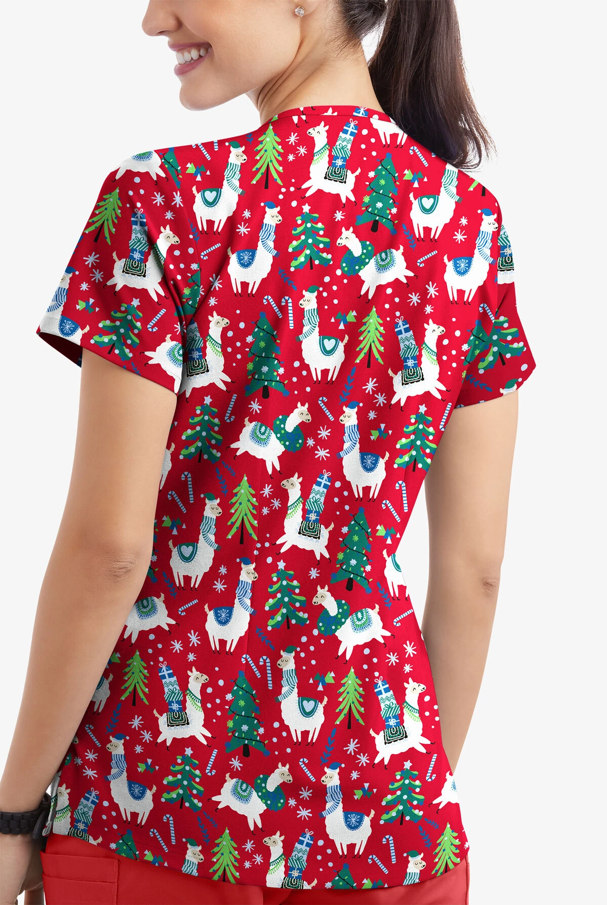 Butter-Soft Holiday Llamas Red Women's 4-Pocket Rounded V-Neck Print Scrub Top - Image 3