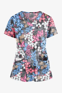Butter-Soft Izmir Floral Pewter Women's 4-Pocket Rounded V-Neck Print Scrub Top