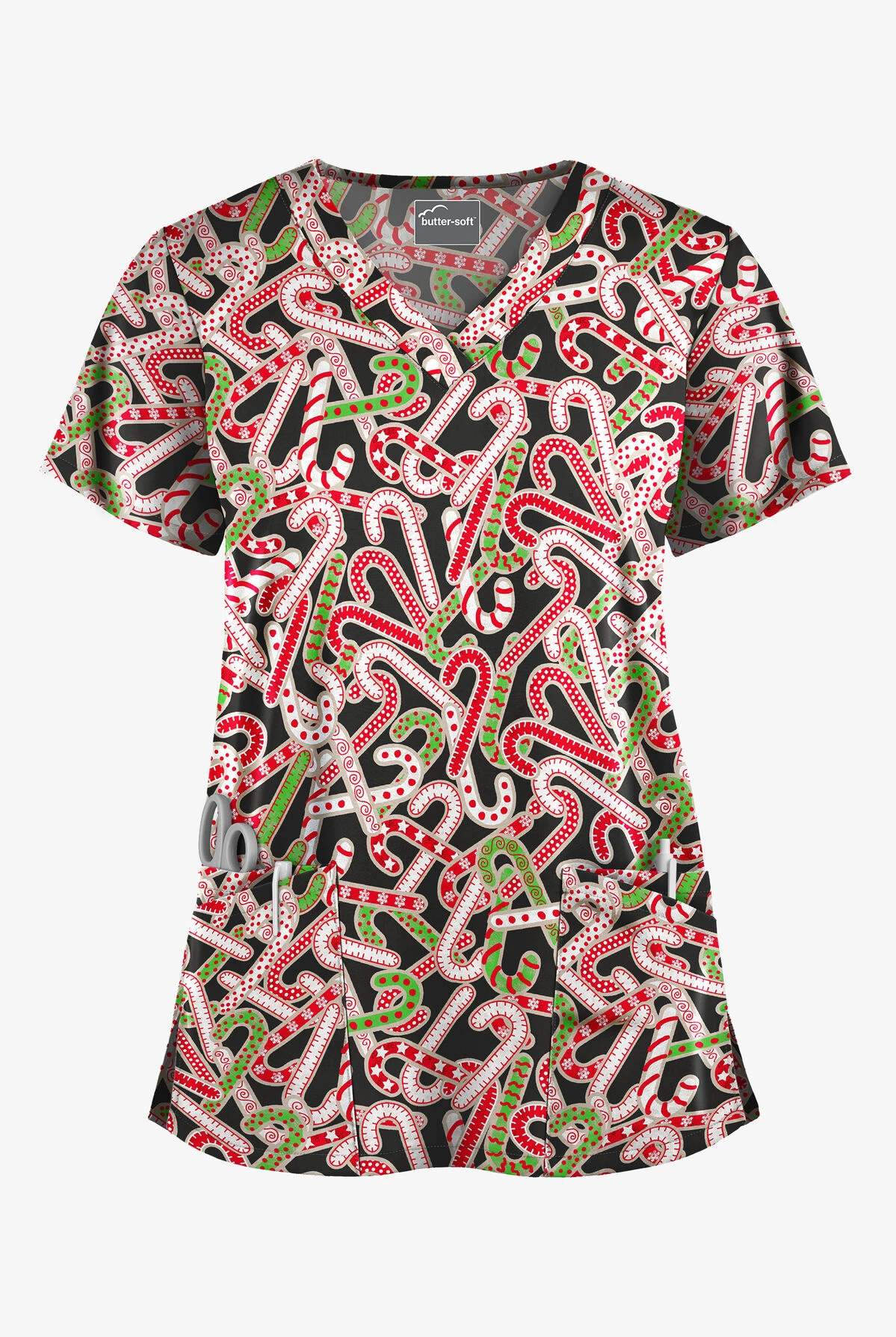 Butter-Soft Noel Candy Canes Women's 4-Pocket Rounded V-Neck Print Scrub Top