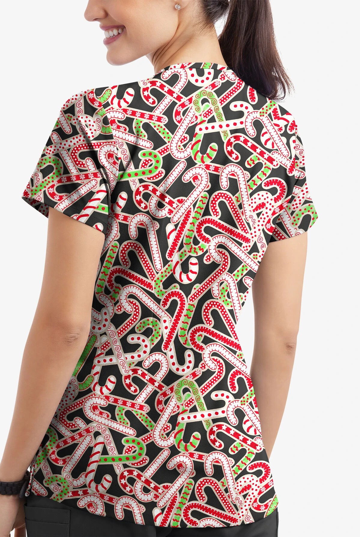 Butter-Soft Noel Candy Canes Women's 4-Pocket Rounded V-Neck Print Scrub Top - Image 3