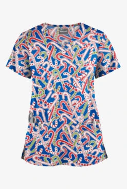 Butter-Soft Noel Candy Canes Royal Women's 4-Pocket Rounded V-Neck Print Scrub Top