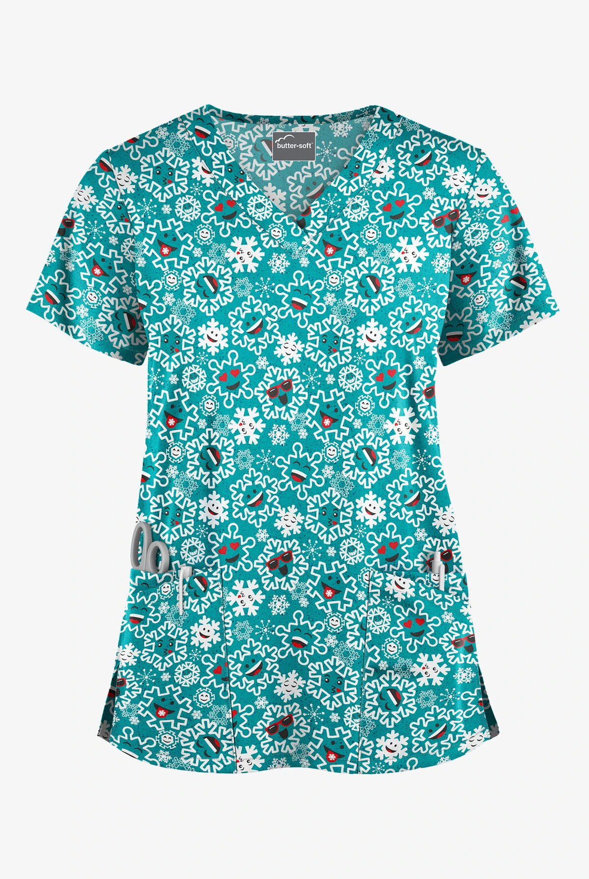 Butter-Soft Smiling Snowflakes Teal Women's 4-Pocket Rounded V-Neck Print Scrub Top