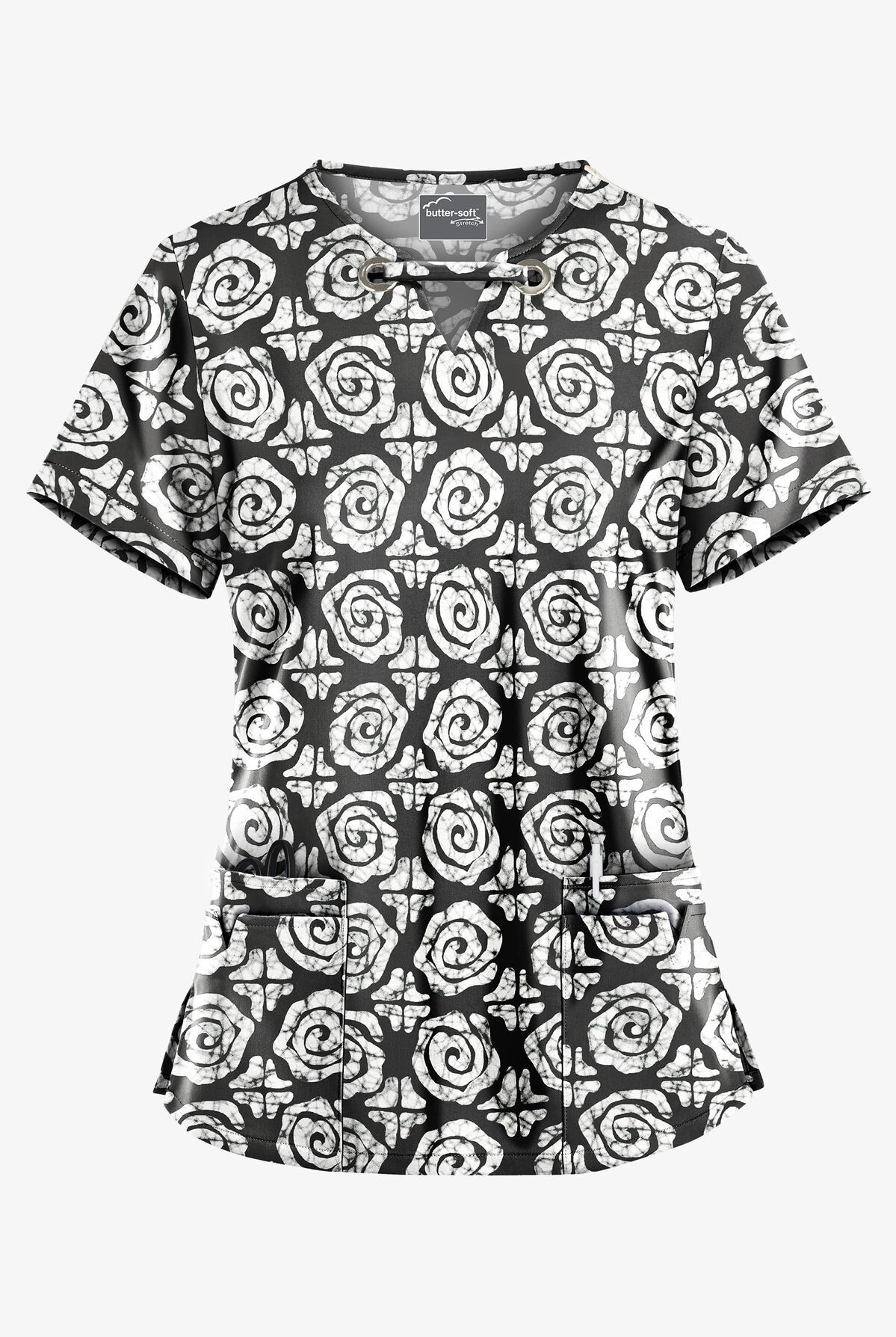 UA Butter-Soft STRETCH Desert Stars Black Printed Women's 4-Pocket Large Grommet Scrub Top