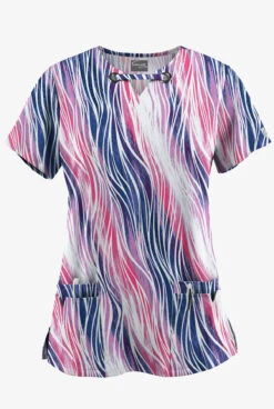UA Butter-Soft STRETCH Water Waves Fuchsia Women’s 4-Pocket Grommet Neck Detail Printed Scrub Top