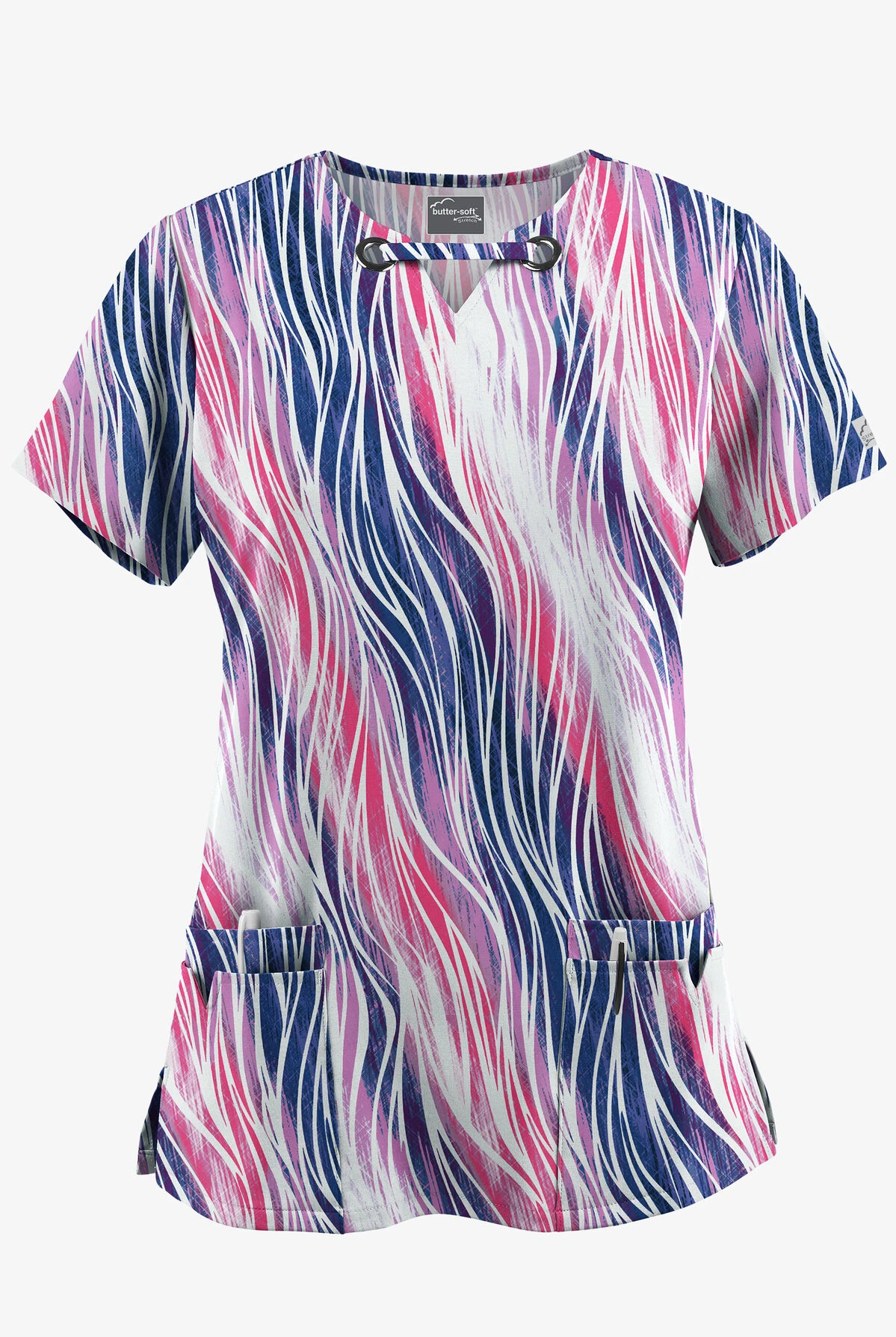 UA Butter-Soft STRETCH Water Waves Fuchsia Women’s 4-Pocket Grommet Neck Detail Printed Scrub Top
