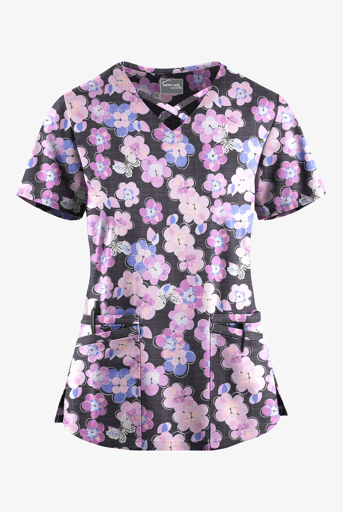 UA Butter-Soft STRETCH Blooms And Butterflies Pewter Women's 4-Pocket Crisscross Printed Scrub Top