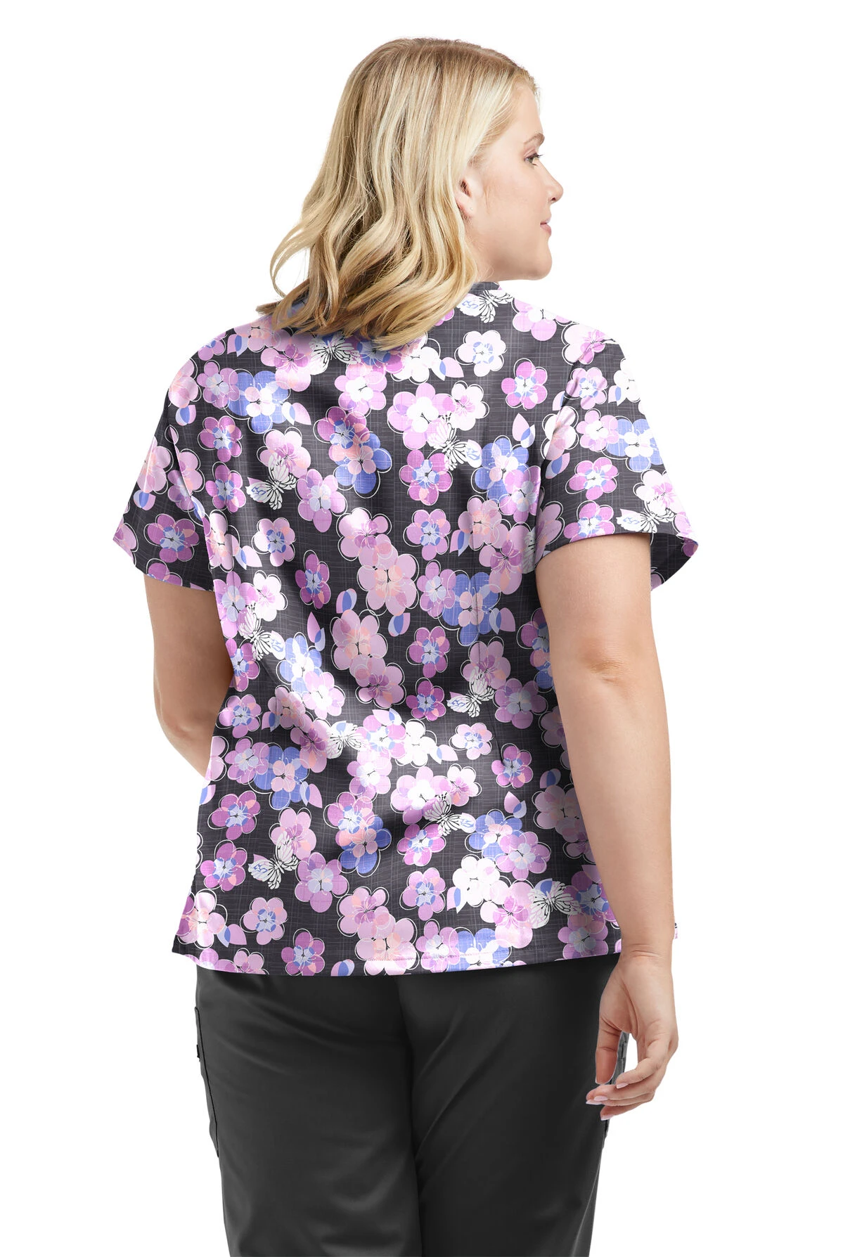 UA Butter-Soft STRETCH Blooms And Butterflies Pewter Women's 4-Pocket Crisscross Printed Scrub Top - Image 3