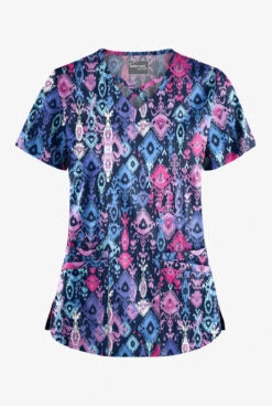 UA Butter-Soft STRETCH Cascading Ikat Rosebud Women's 4-Pocket Criss Cross Print Scrub Top