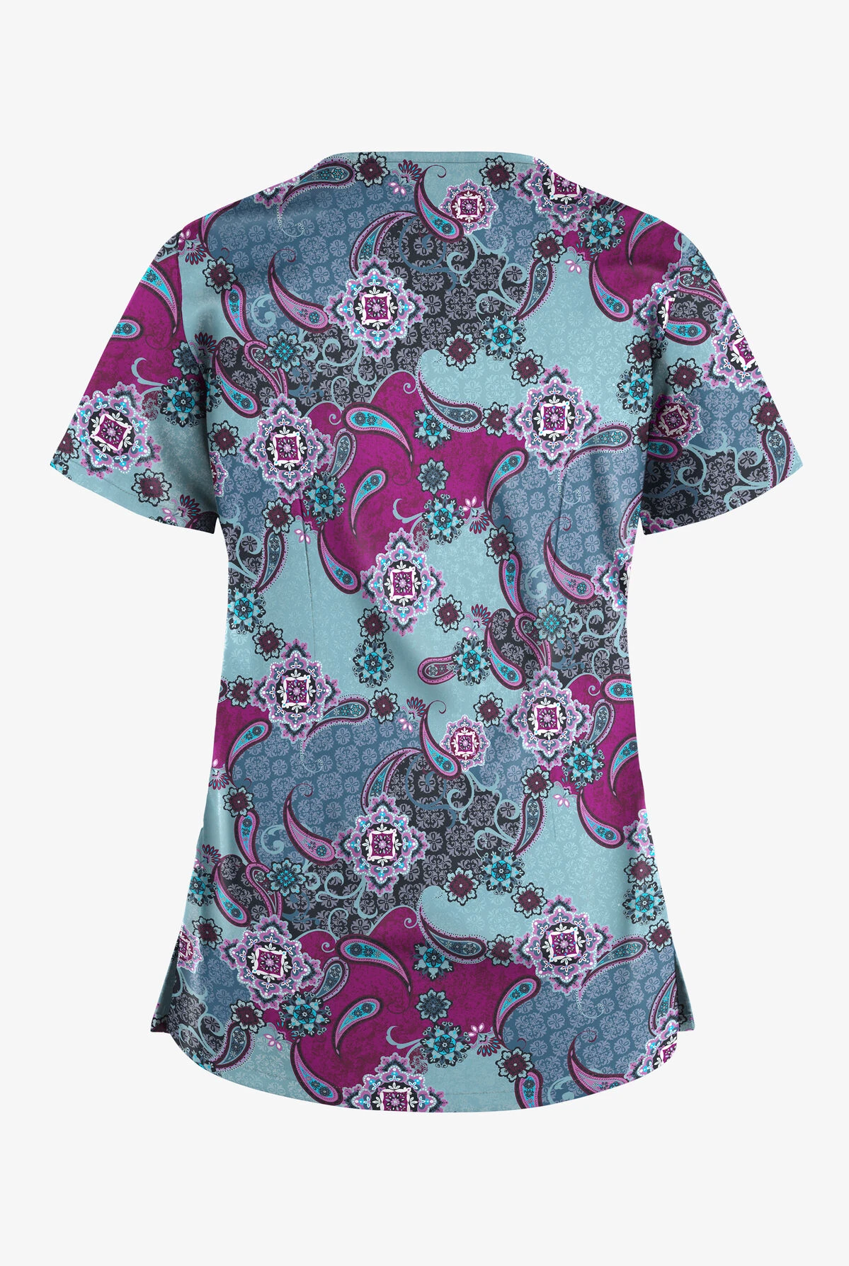 UA Butter-Soft STRETCH Mixed Medallion Indigo Denim Women's 4-Pocket Crisscross Print Scrub Top - Image 2