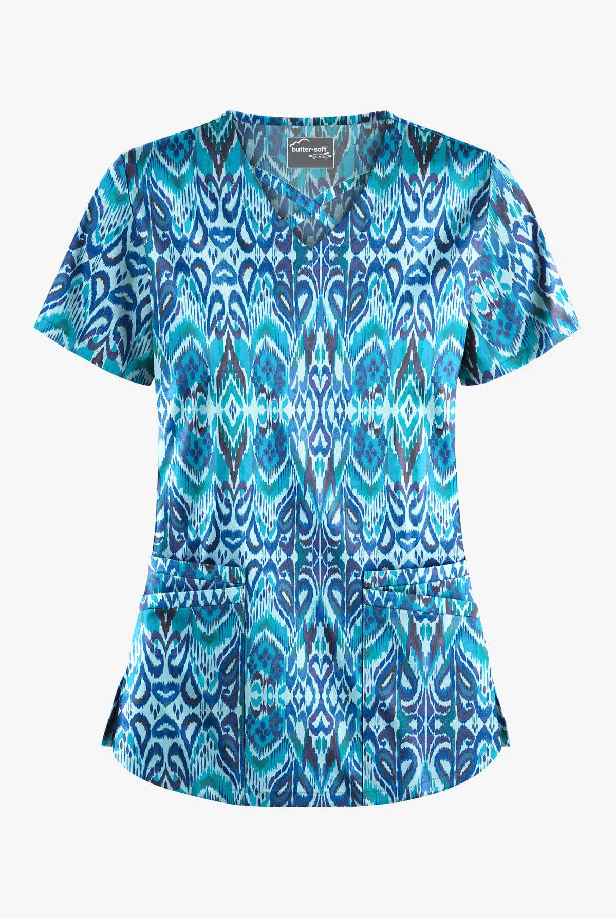 UA Butter-Soft STRETCH Romanian Ikat Dew Drop Women's 4-Pocket Crisscross Print Scrub Top