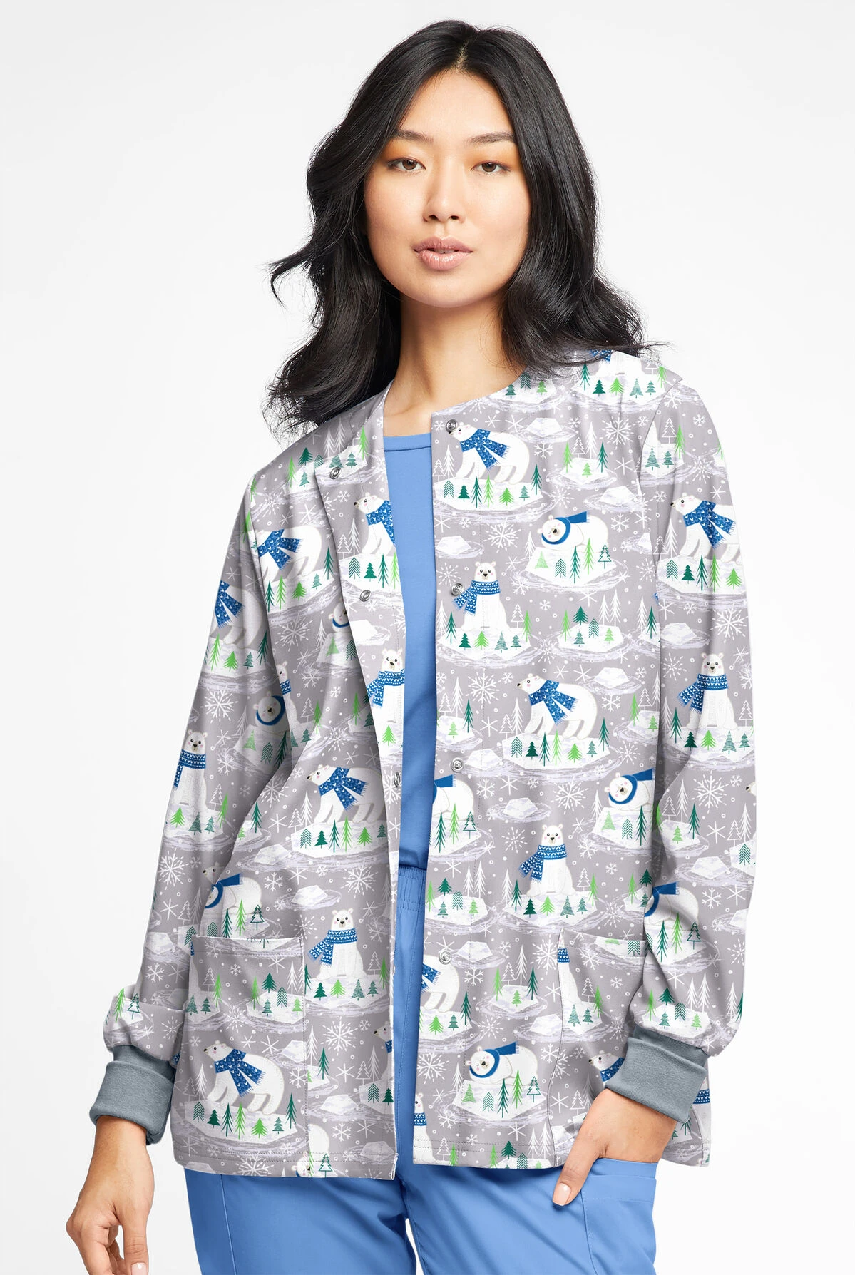 Butter-Soft Polar Holiday Silver Women's 2-Pocket Warm-Up Print Scrub Jacket - Image 2