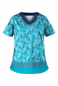 UA Best Buy Scrubs Floating Paisley Turquoise Women's 2-Pocket Scallop Neck Print Scrub Top