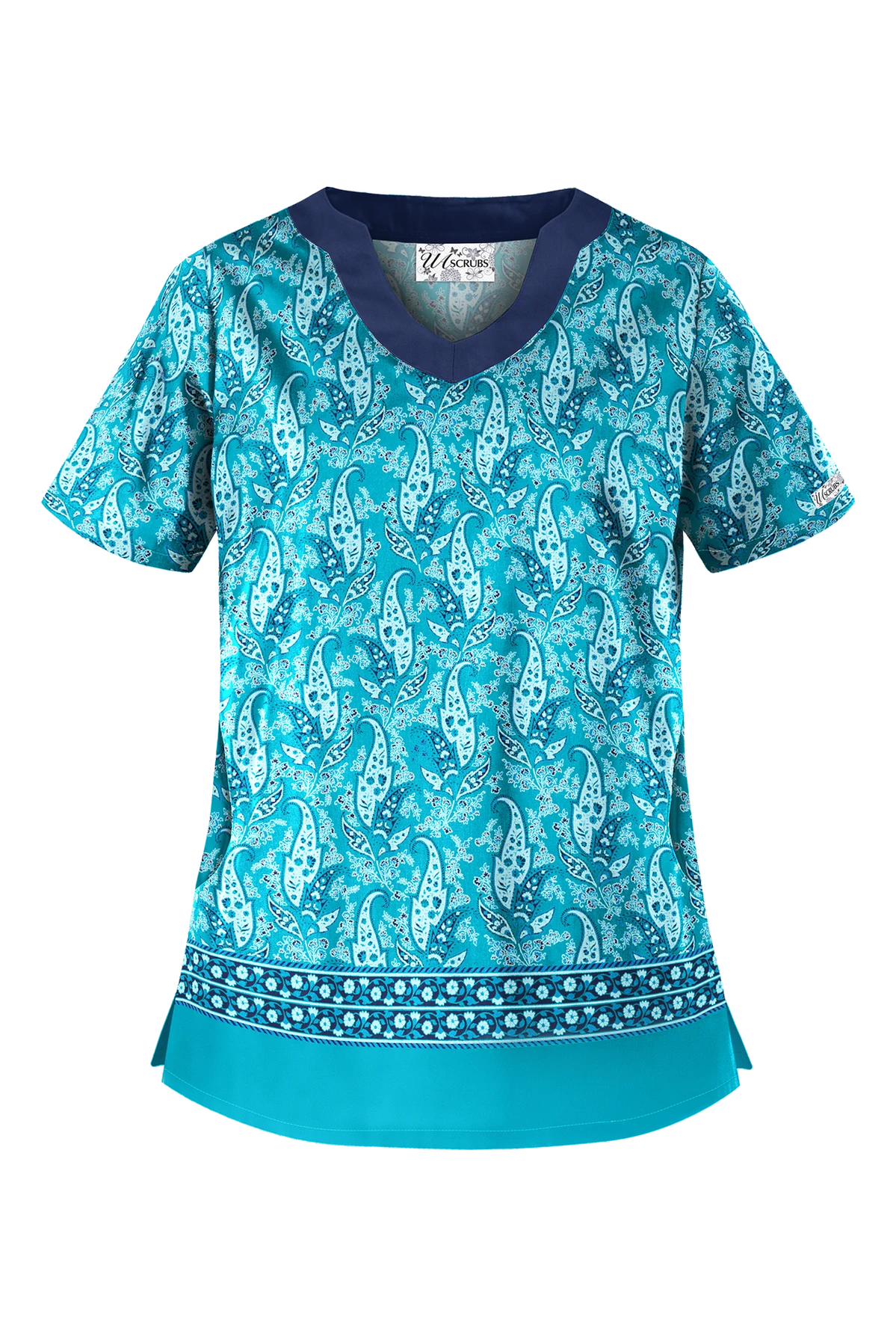 UA Best Buy Scrubs Floating Paisley Turquoise Women's 2-Pocket Scallop Neck Print Scrub Top