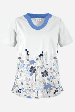 Butter-Soft Floral Field White Printed Women's 2-Pocket Scallop Neck Scrub Top