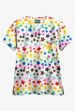 UA Butter-Soft Happy Stars White Printed Unisex 1-Pocket V-Neck Scrub Top