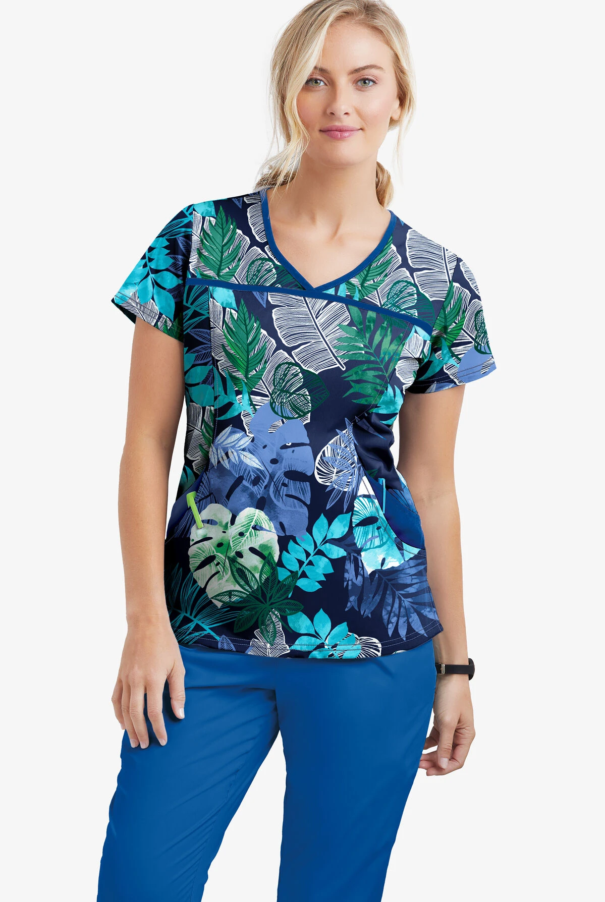 UA Best Buy Scrubs Jungle Fronds Navy Women's 4-Pocket Princess Seam Print Scrub Top - Image 3