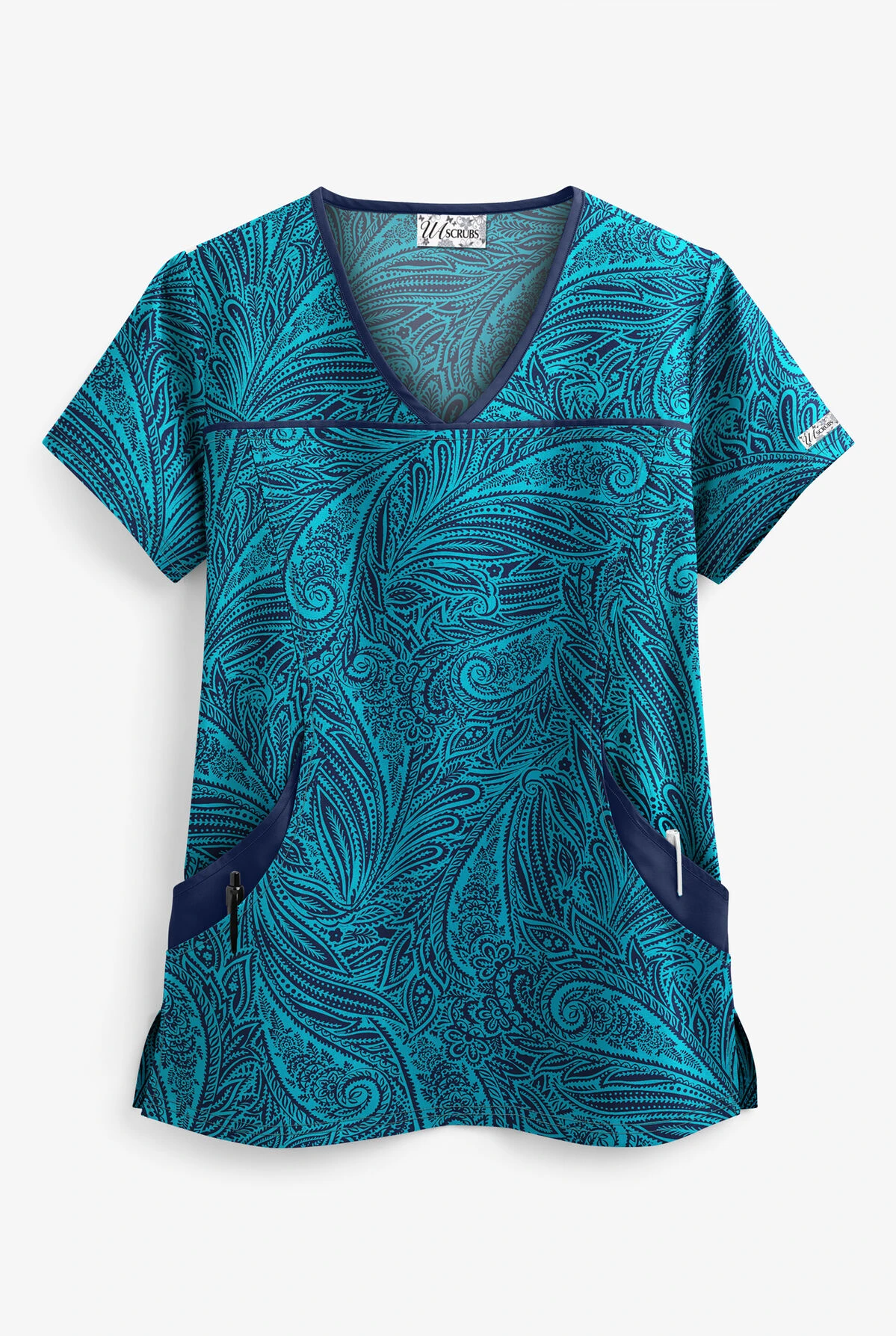 UA Paisley Delight Turquoise Women's 4-Pocket Princess Seam Print Scrub Top