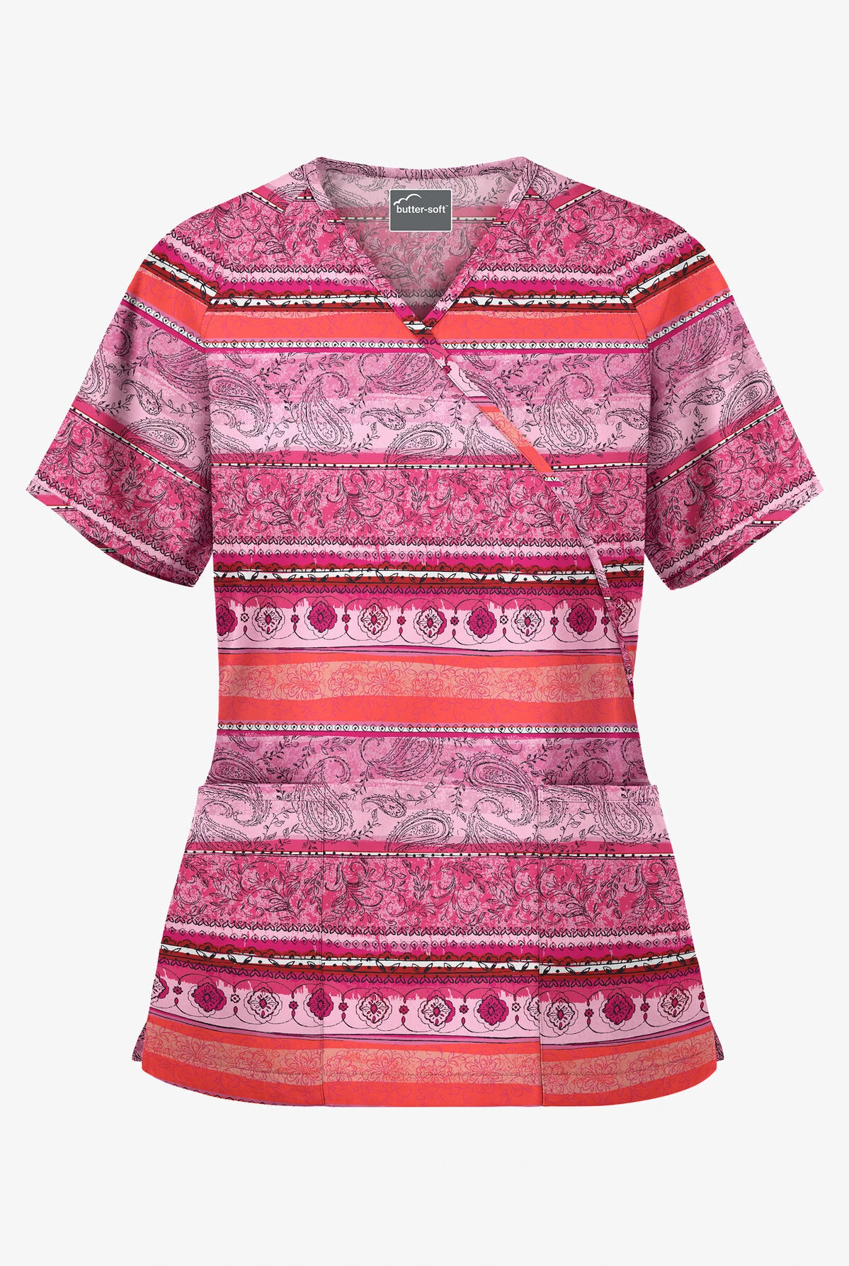 Butter-Soft Delhi Stripe Red Women's 2-Pocket Mock Wrap Print Scrub Top