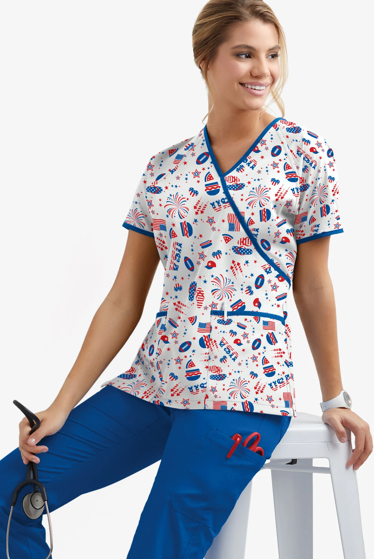 UA Best Buy Scrubs Party In The USA Women's 2-Pocket Mock Wrap Print Scrub Top - Image 3