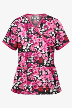 UA River Floral Black Printed Women's 2-Pocket Mock Wrap Scrub Top
